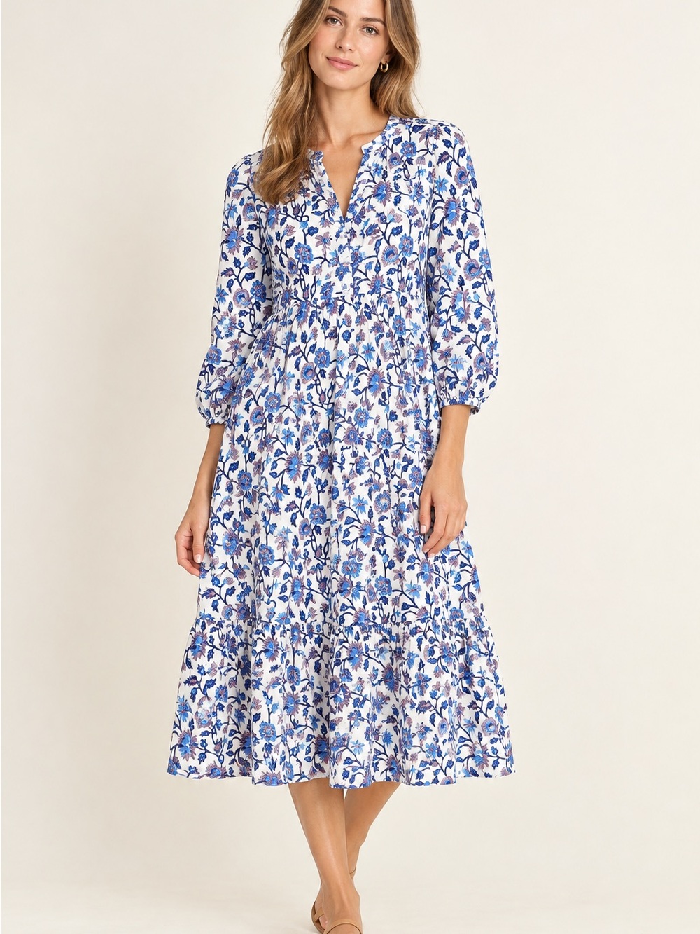 Madison Mathews 100% Cotton Floral Block Print Tiered Midi Dress Large